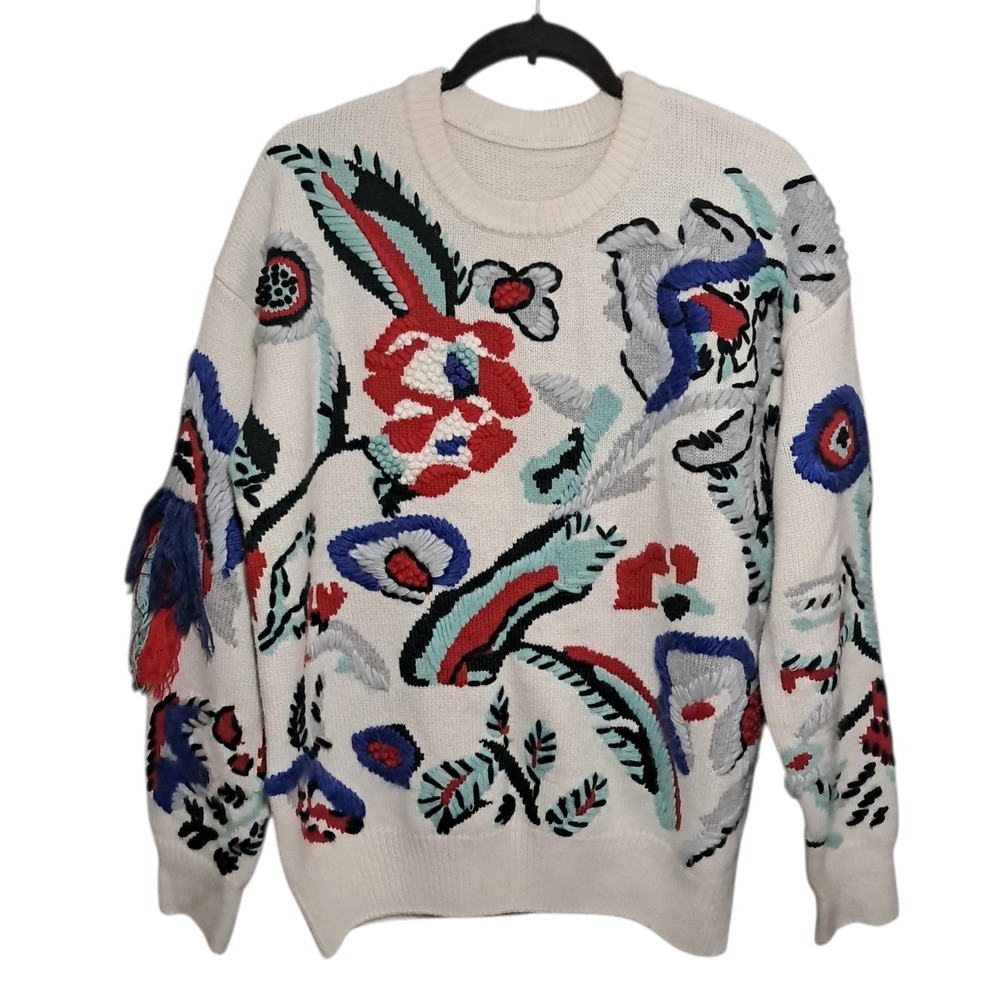 Floral Embroidered Crewneck Sweater Multicolor Wool Cashmere Silk Womens Large